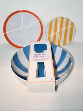 Festive Voice Melamine Dinnerware Set 8 Plates* Serving Bowl Utensils Colorful
